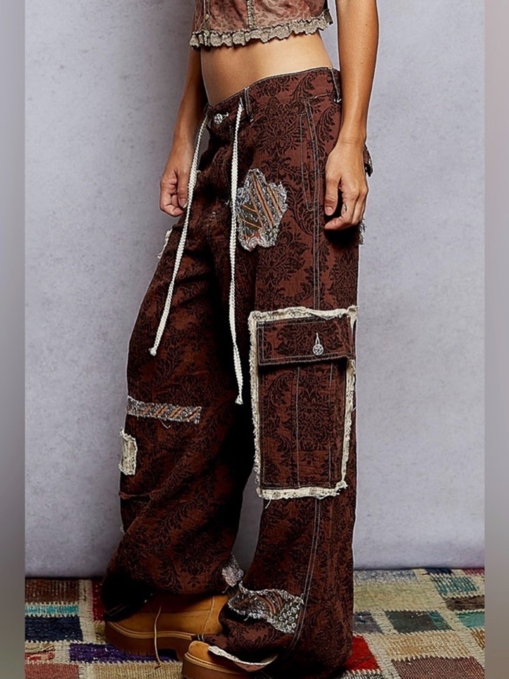 NEW 48hr POL:  “The Mallory” Wide-Leg Patchwork Cargo style  pocket Pants - Picture 2 of 6